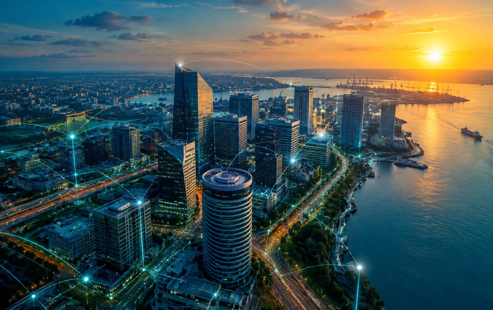 Quartier d’affaires d’une ville d’Afrique de l’Ouest relié par des réseaux numériques