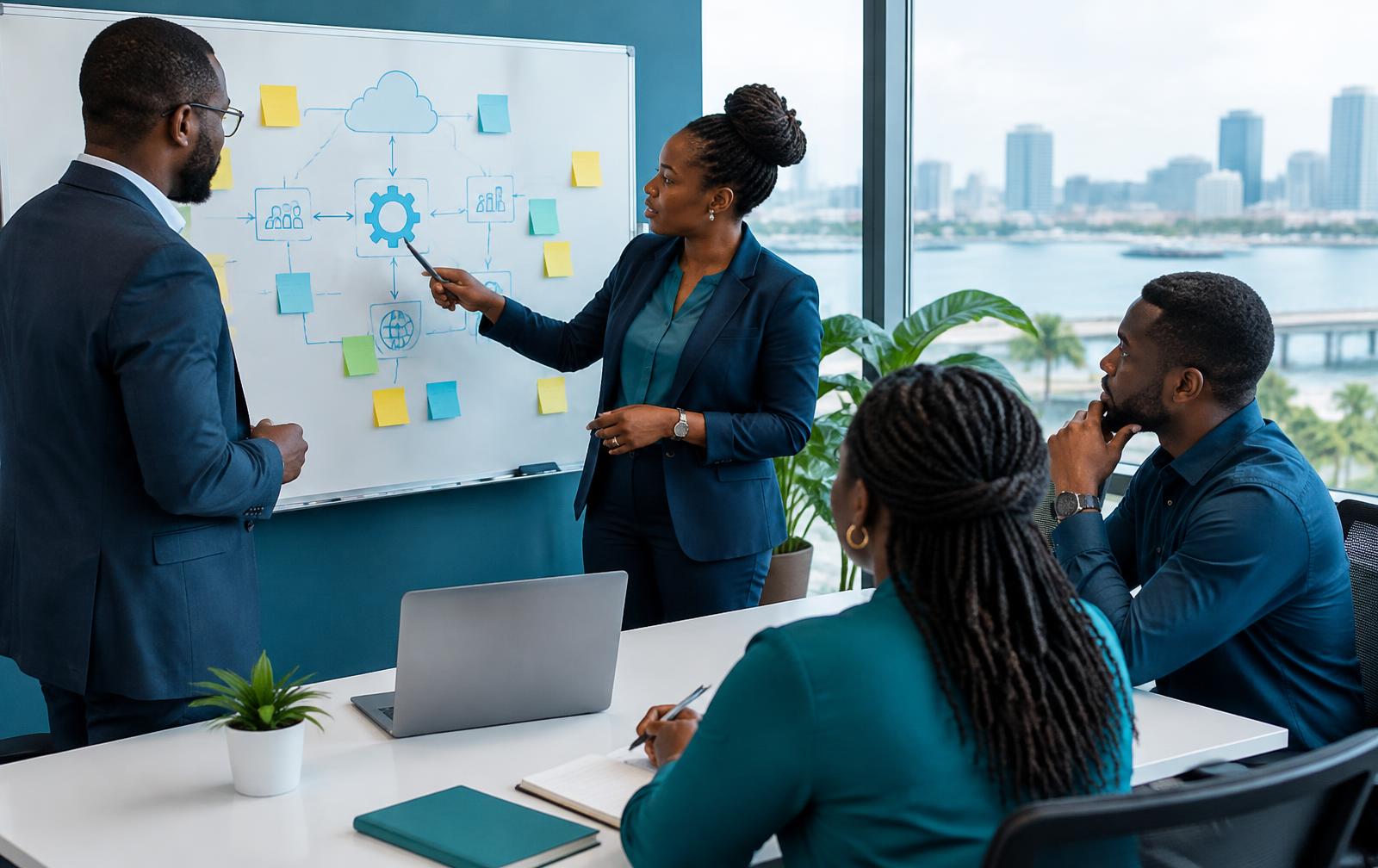 Équipe qui planifie la digitalisation de son entreprise sur un tableau blanc